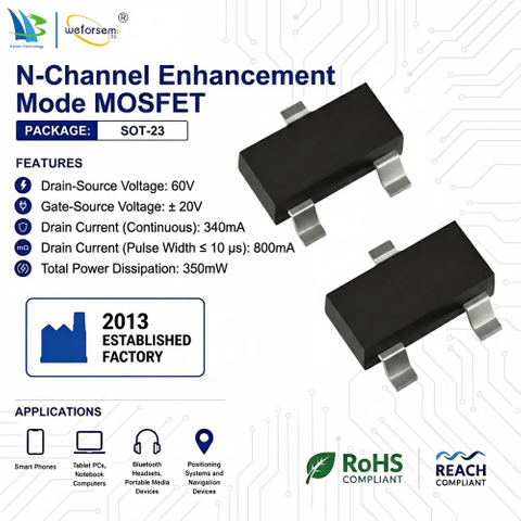 Semiconductor Ptot 350mW Vdss 60V n channel Enhancement MOSFET Transistor SOT-23 Package Electronic Manufacturing Solutions