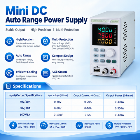 Mini Auto Range DC Power Supply 40V 20A Switching Adjustable Lab Regulated Electronics Manufacturing Partner 